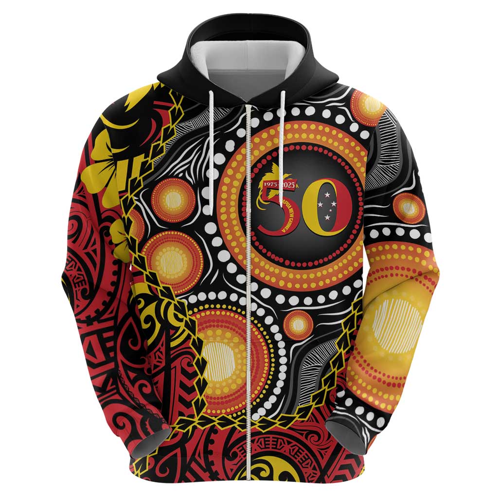 Celebrating 50 Years Papua New Guinea Zip Hoodie Aboriginal Mix Papuan Pattern - Polynesian Pride
