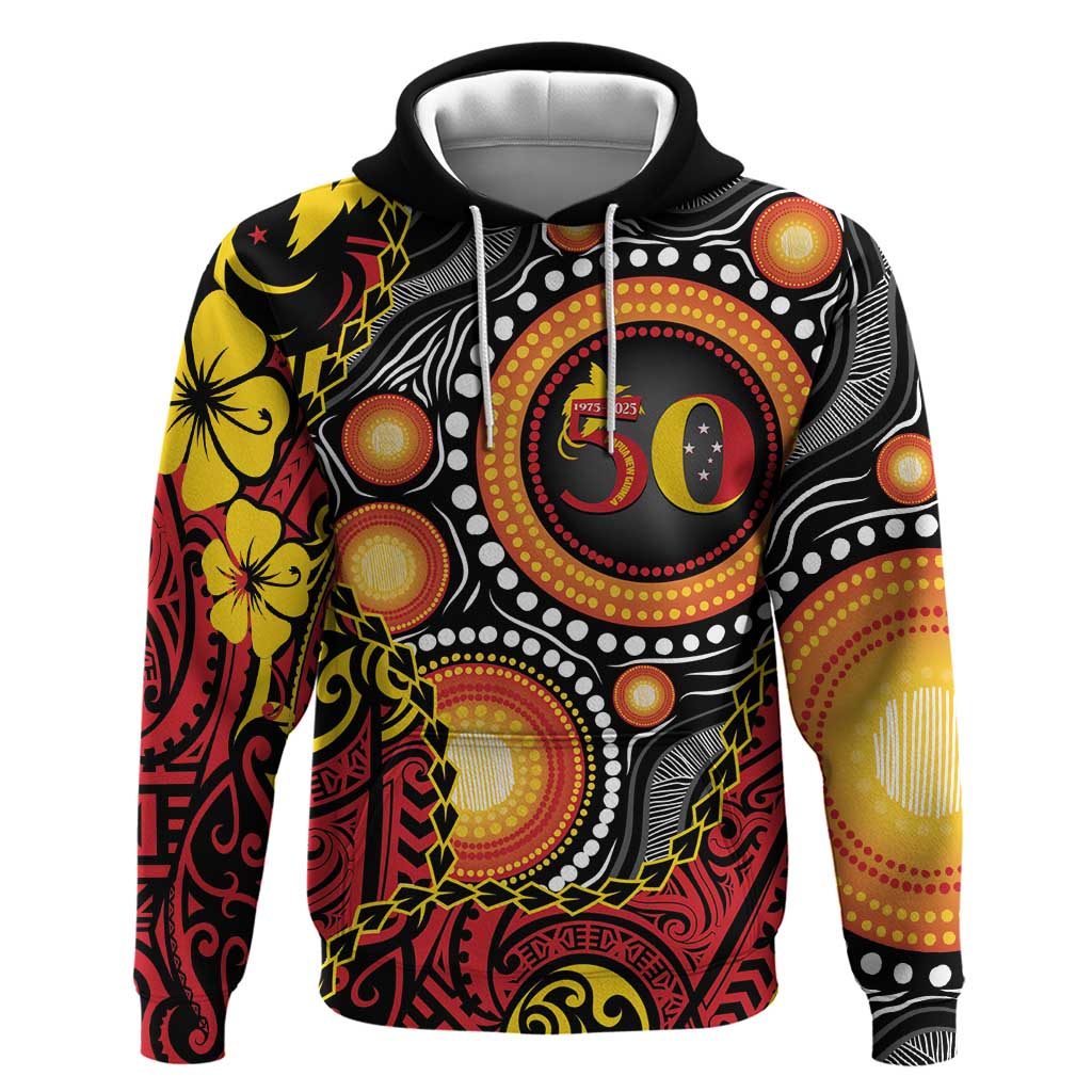 Celebrating 50 Years Papua New Guinea Zip Hoodie Aboriginal Mix Papuan Pattern - Polynesian Pride