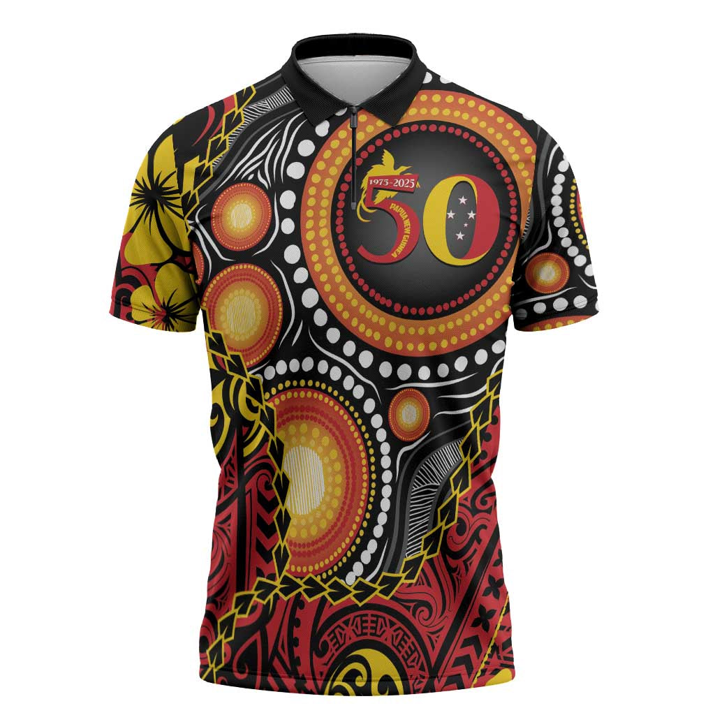 Celebrating 50 Years Papua New Guinea Zipper Polo Shirt Aboriginal Mix Papuan Pattern - Polynesian Pride