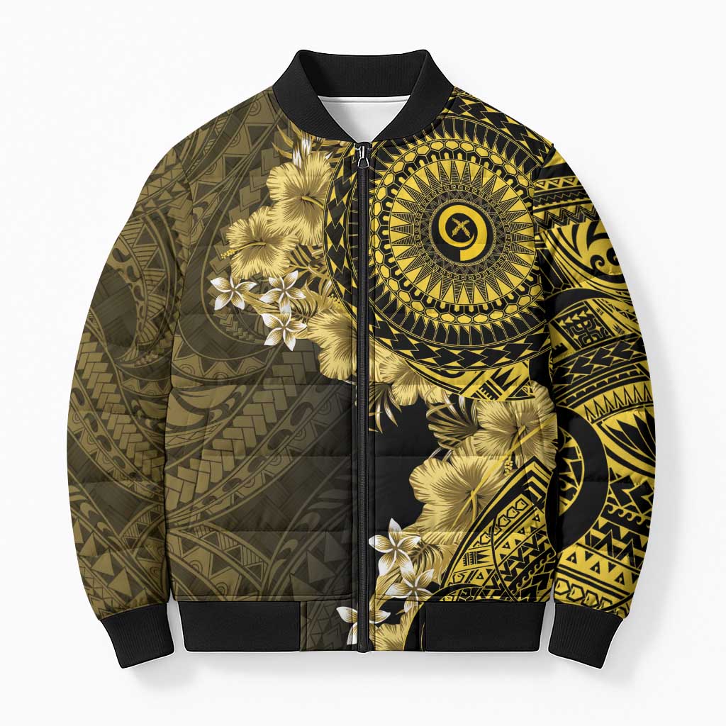 Vanuatu Bomber Puffer Jacket Hibisus Polynesian Pattern Gold - Polynesian Pride