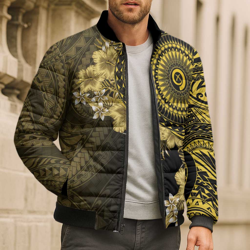 Vanuatu Bomber Puffer Jacket Hibisus Polynesian Pattern Gold - Polynesian Pride