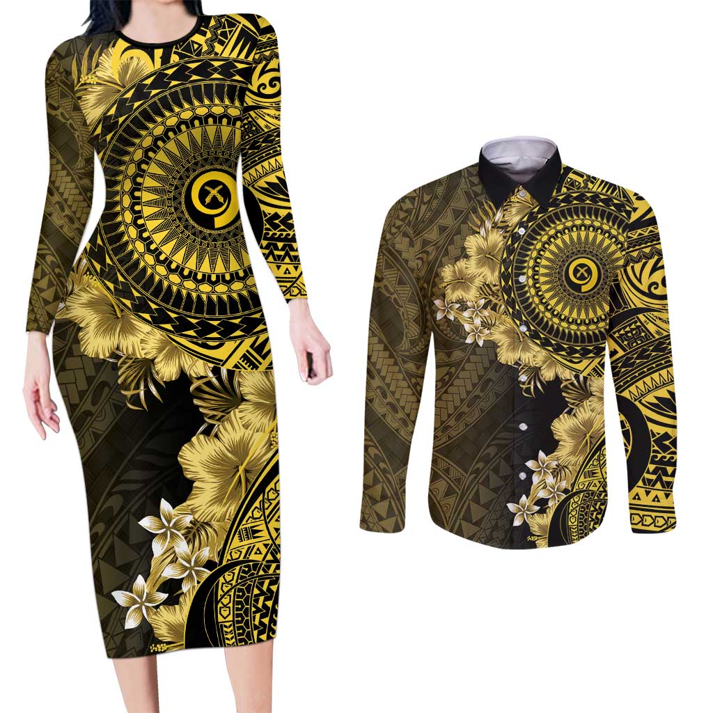Vanuatu Couples Matching Long Sleeve Bodycon Dress and Long Sleeve Button Shirt Hibisus Polynesian Pattern Gold - Polynesian Pride