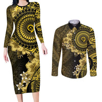 Vanuatu Couples Matching Long Sleeve Bodycon Dress and Long Sleeve Button Shirt Hibisus Polynesian Pattern Gold - Polynesian Pride