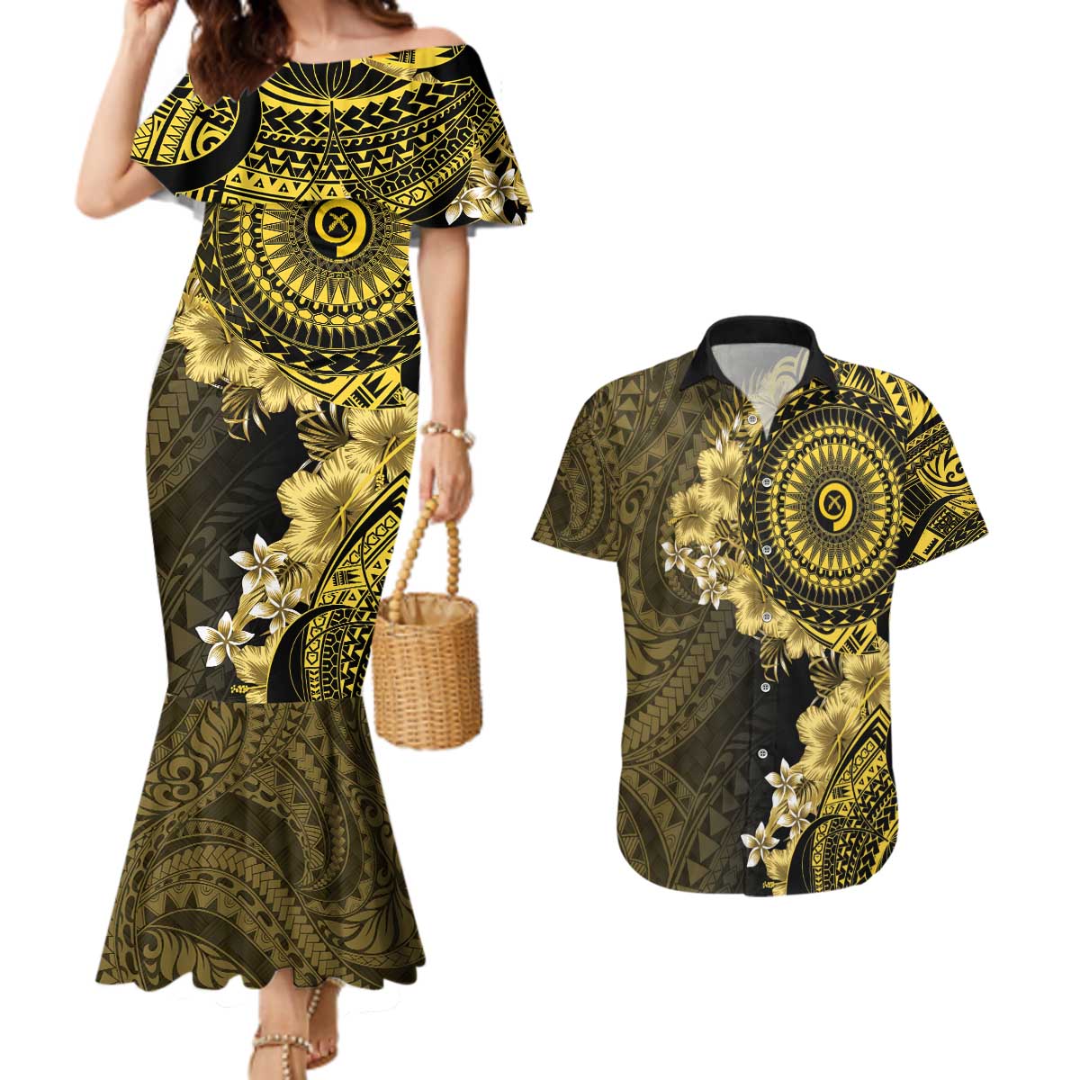 Vanuatu Couples Matching Mermaid Dress and Hawaiian Shirt Hibisus Polynesian Pattern Gold - Polynesian Pride