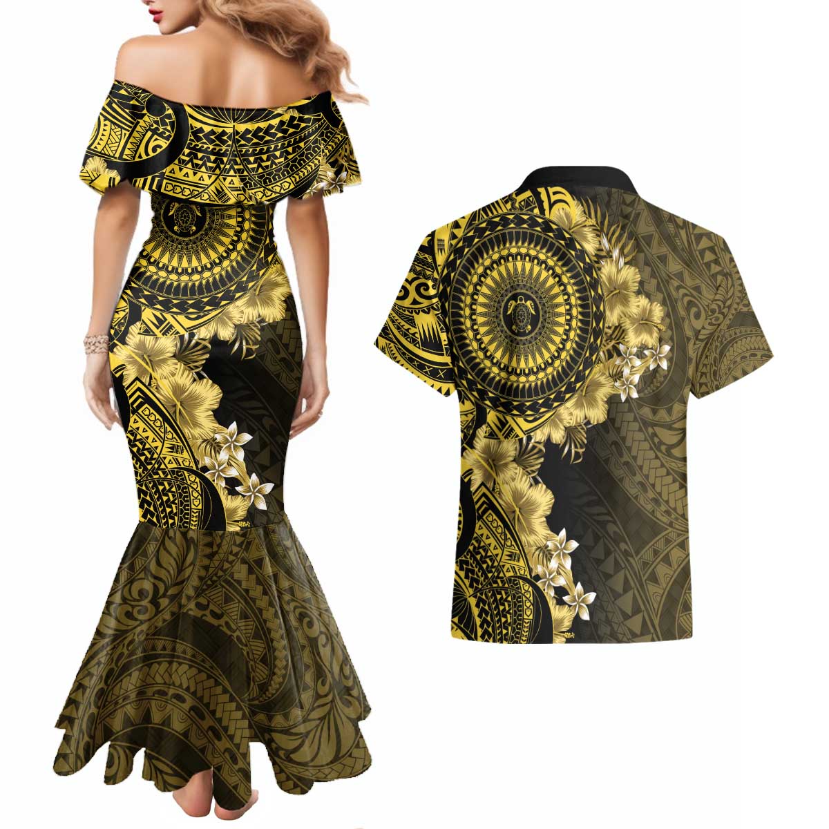 Vanuatu Couples Matching Mermaid Dress and Hawaiian Shirt Hibisus Polynesian Pattern Gold - Polynesian Pride