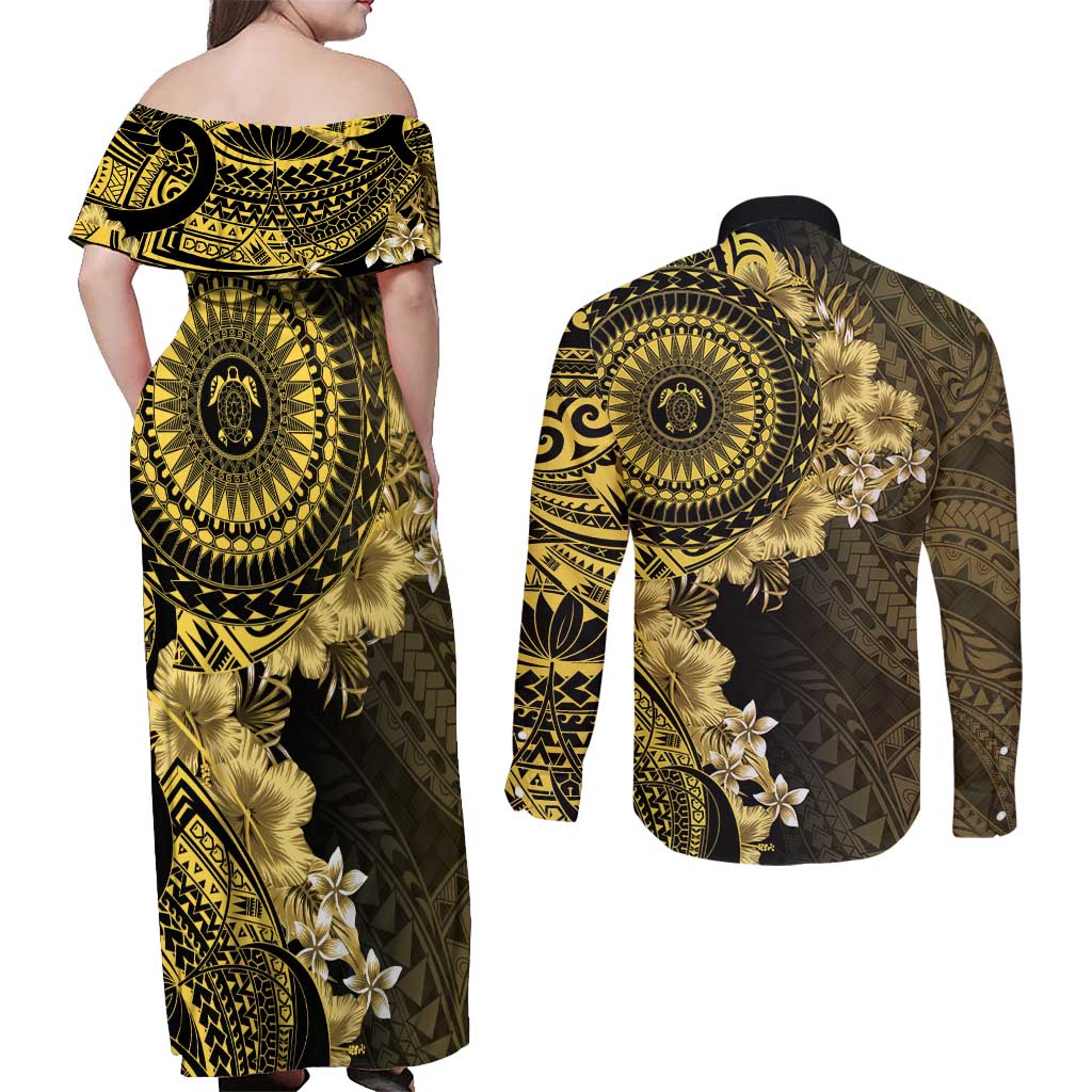 Vanuatu Couples Matching Off Shoulder Maxi Dress and Long Sleeve Button Shirt Hibisus Polynesian Pattern Gold - Polynesian Pride