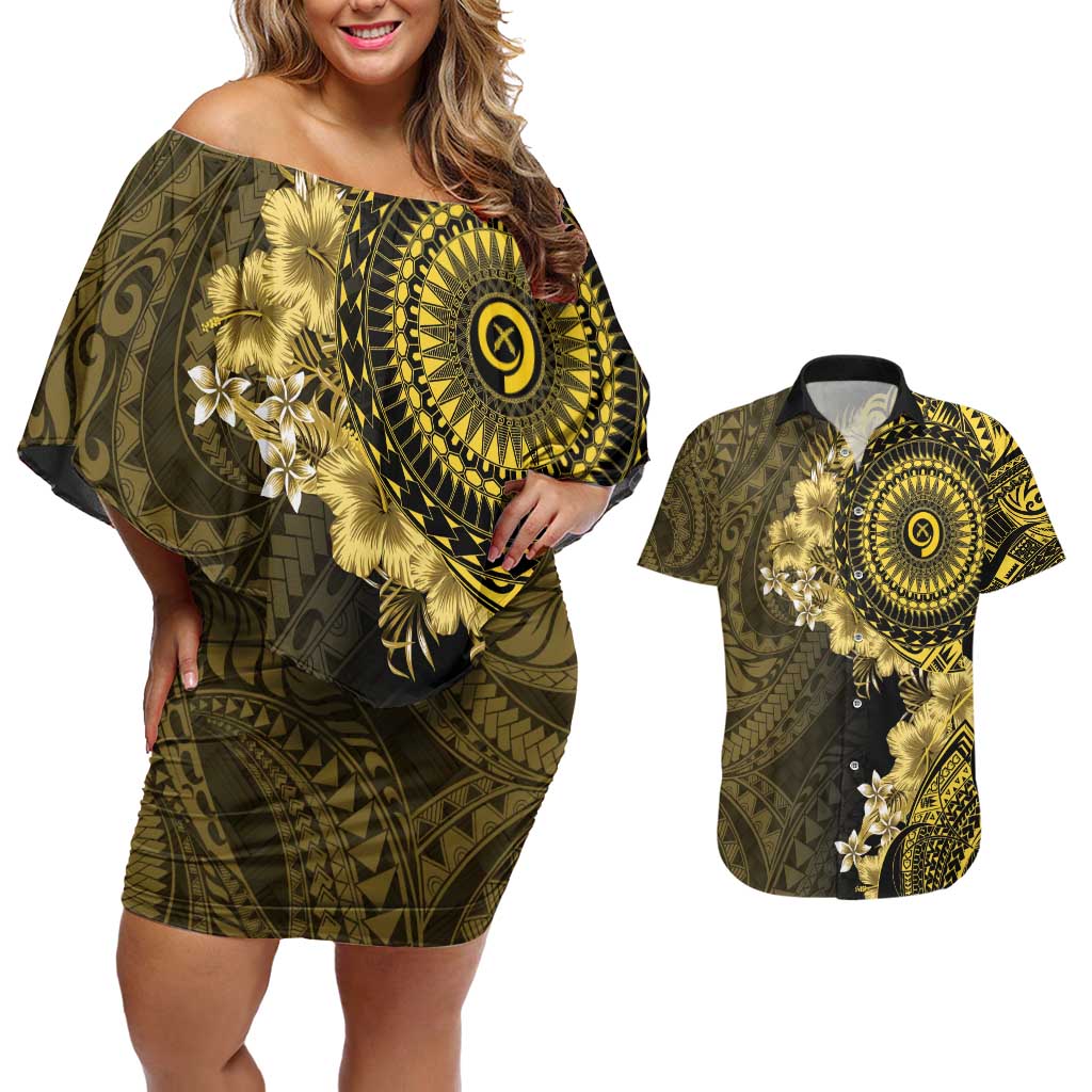Vanuatu Couples Matching Off Shoulder Short Dress and Hawaiian Shirt Hibisus Polynesian Pattern Gold - Polynesian Pride