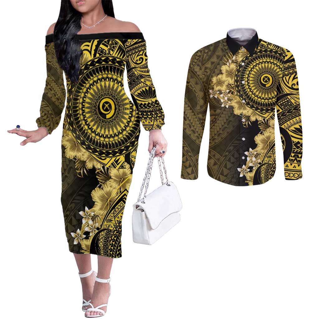 Vanuatu Couples Matching Off The Shoulder Long Sleeve Dress and Long Sleeve Button Shirt Hibisus Polynesian Pattern Gold - Polynesian Pride