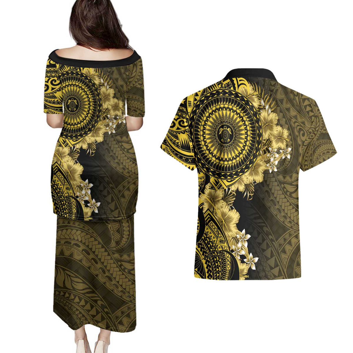 Vanuatu Couples Matching Puletasi and Hawaiian Shirt Hibisus Polynesian Pattern Gold - Polynesian Pride