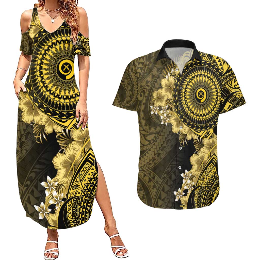 Vanuatu Couples Matching Summer Maxi Dress and Hawaiian Shirt Hibisus Polynesian Pattern Gold - Polynesian Pride