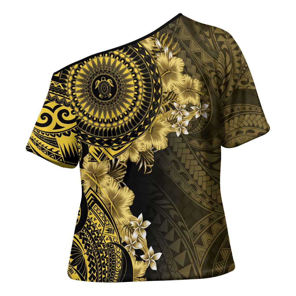 Vanuatu Cross Shoulder Shirt Hibisus Polynesian Pattern Gold - Polynesian Pride