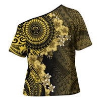 Vanuatu Cross Shoulder Shirt Hibisus Polynesian Pattern Gold - Polynesian Pride