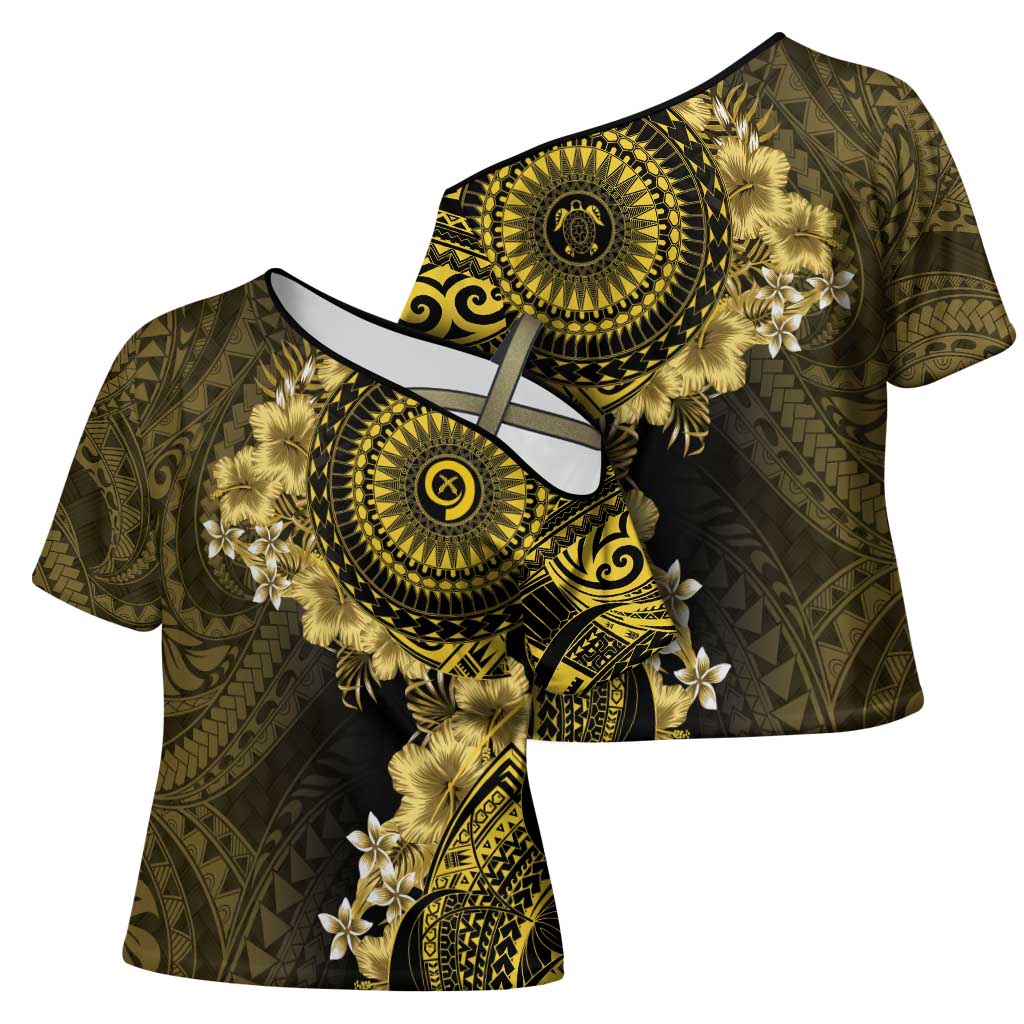 Vanuatu Cross Shoulder Shirt Hibisus Polynesian Pattern Gold - Polynesian Pride