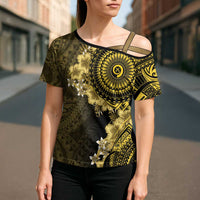 Vanuatu Cross Shoulder Shirt Hibisus Polynesian Pattern Gold - Polynesian Pride