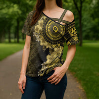 Vanuatu Cross Shoulder Shirt Hibisus Polynesian Pattern Gold - Polynesian Pride