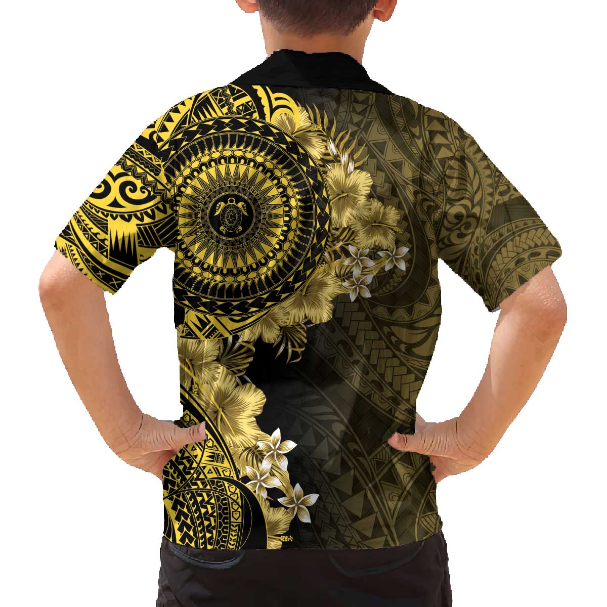 Vanuatu Family Matching Off The Shoulder Long Sleeve Dress and Hawaiian Shirt Hibisus Polynesian Pattern Gold - Polynesian Pride
