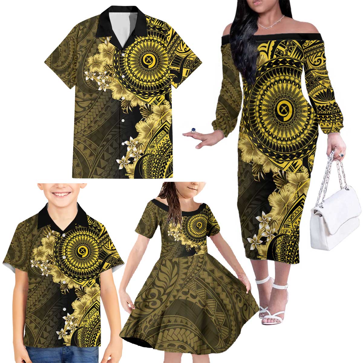 Vanuatu Family Matching Off The Shoulder Long Sleeve Dress and Hawaiian Shirt Hibisus Polynesian Pattern Gold - Polynesian Pride