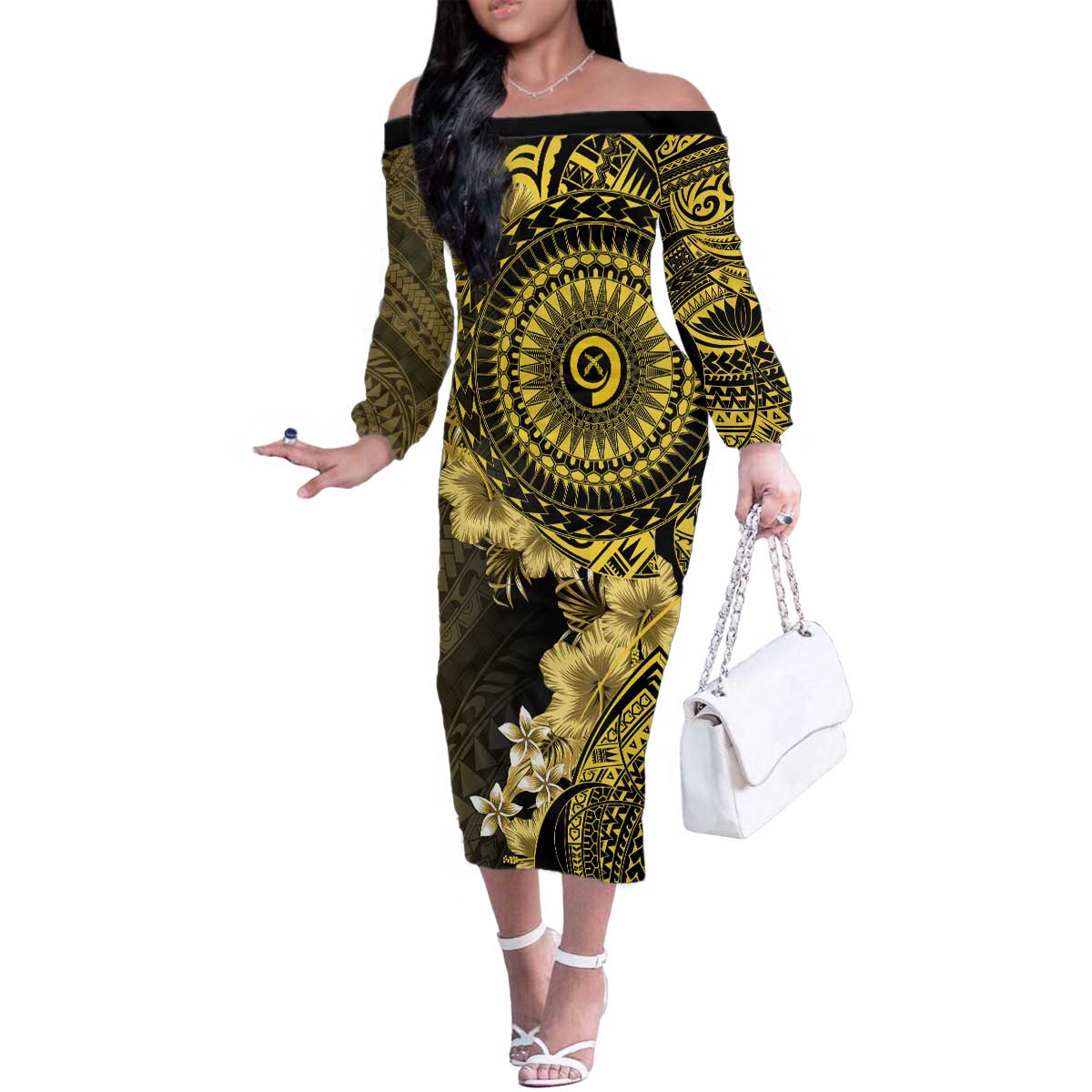 Vanuatu Family Matching Off The Shoulder Long Sleeve Dress and Hawaiian Shirt Hibisus Polynesian Pattern Gold - Polynesian Pride
