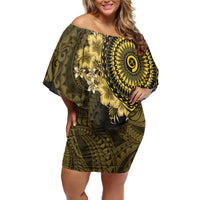 Vanuatu Family Matching Off Shoulder Short Dress and Hawaiian Shirt Hibisus Polynesian Pattern Gold - Polynesian Pride