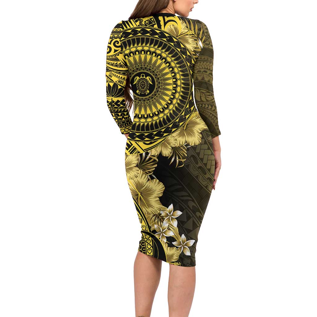 Vanuatu Long Sleeve Bodycon Dress Hibisus Polynesian Pattern Gold - Polynesian Pride