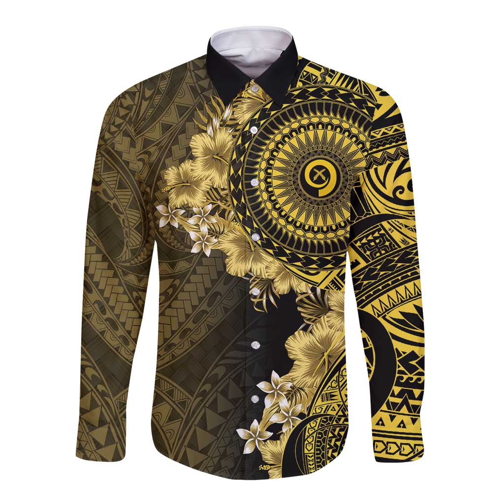 Vanuatu Long Sleeve Button Shirt Hibisus Polynesian Pattern Gold - Polynesian Pride