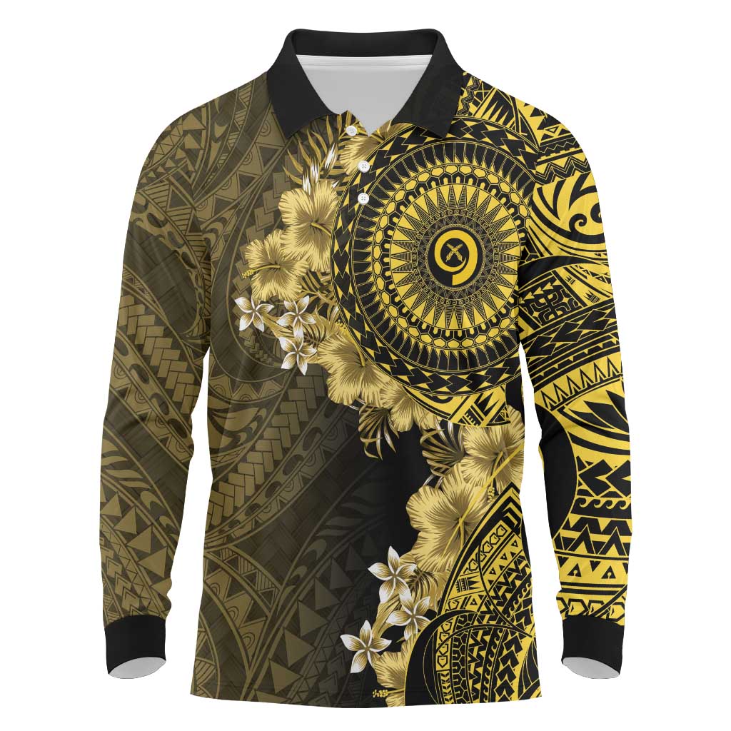 Vanuatu Long Sleeve Polo Shirt Hibisus Polynesian Pattern Gold LT14 Gold - Polynesian Pride