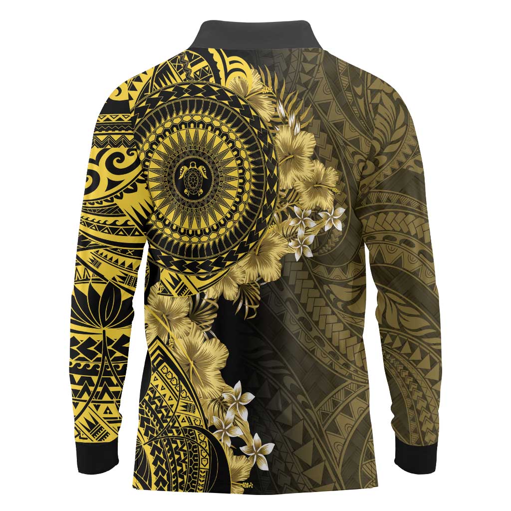 Vanuatu Long Sleeve Polo Shirt Hibisus Polynesian Pattern Gold LT14 - Polynesian Pride