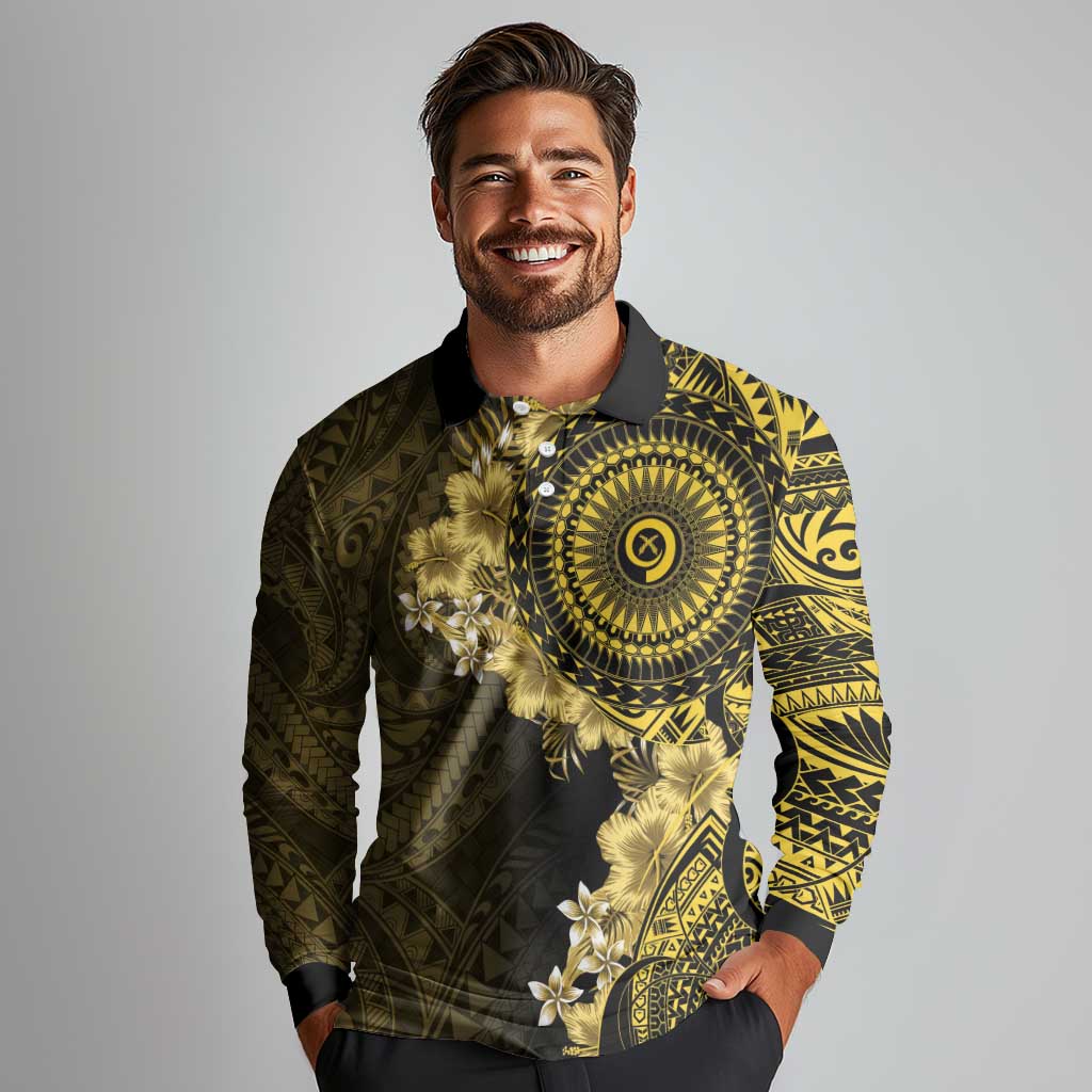 Vanuatu Long Sleeve Polo Shirt Hibisus Polynesian Pattern Gold LT14 - Polynesian Pride
