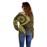 Vanuatu Off Shoulder Sweater Hibisus Polynesian Pattern Gold - Polynesian Pride