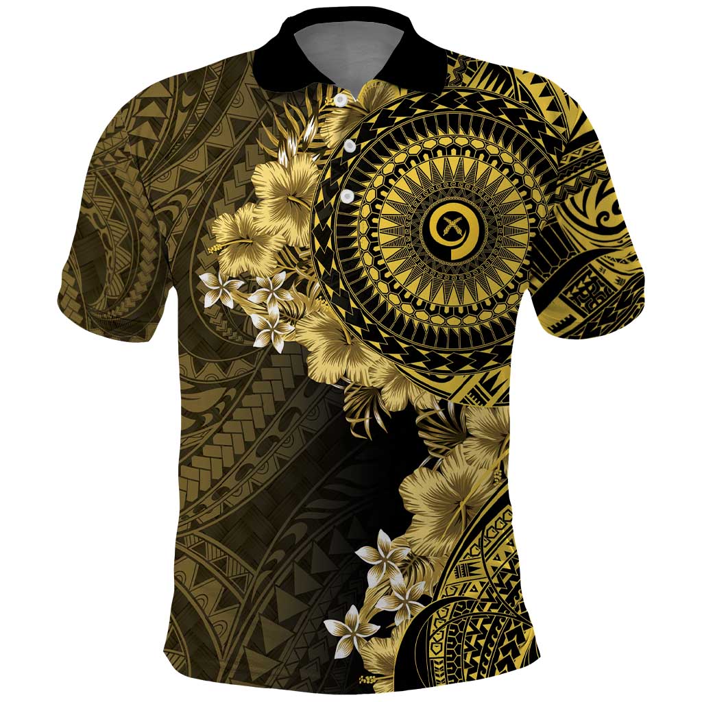 Vanuatu Polo Shirt Hibisus Polynesian Pattern Gold - Polynesian Pride
