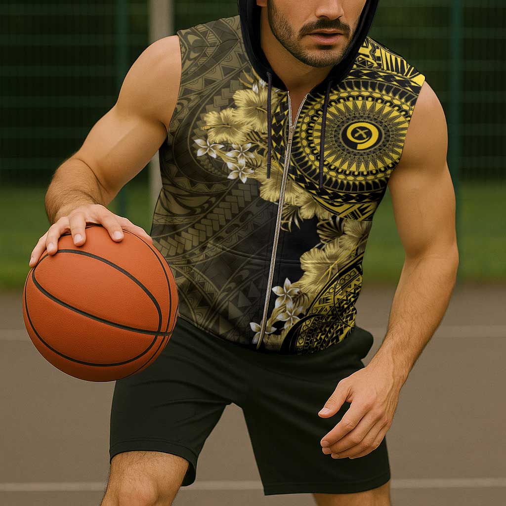 Vanuatu Sleeveless Zip Hoodie Hibisus Polynesian Pattern Gold - Polynesian Pride