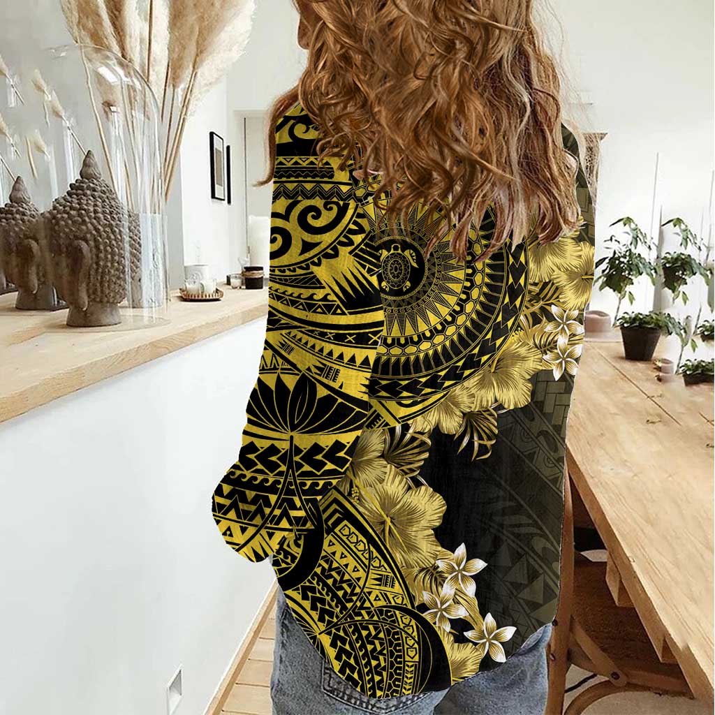 Vanuatu Women Casual Shirt Hibisus Polynesian Pattern Gold - Polynesian Pride