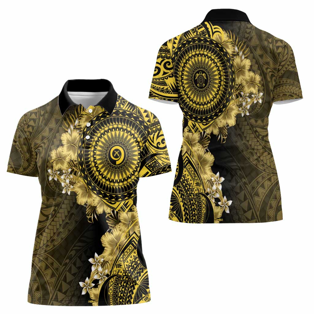 Vanuatu Women Polo Shirt Hibisus Polynesian Pattern Gold - Polynesian Pride
