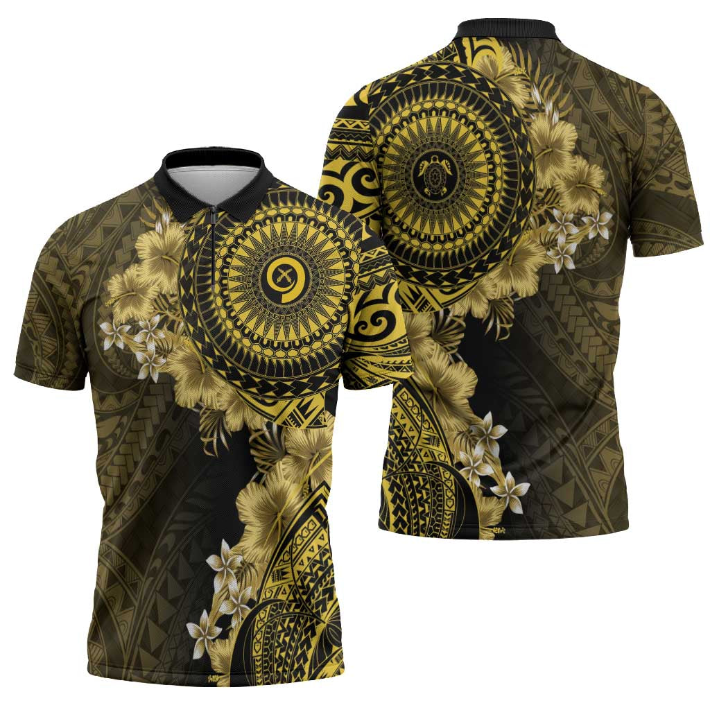 Vanuatu Zipper Polo Shirt Hibisus Polynesian Pattern Gold - Polynesian Pride
