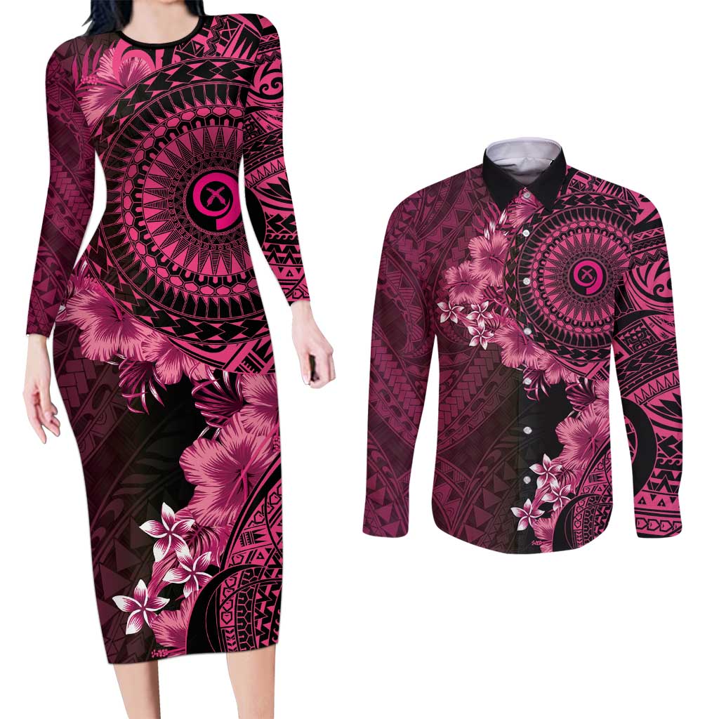 Vanuatu Couples Matching Long Sleeve Bodycon Dress and Long Sleeve Button Shirt Hibisus Polynesian Pattern Pink - Polynesian Pride