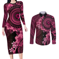 Vanuatu Couples Matching Long Sleeve Bodycon Dress and Long Sleeve Button Shirt Hibisus Polynesian Pattern Pink - Polynesian Pride
