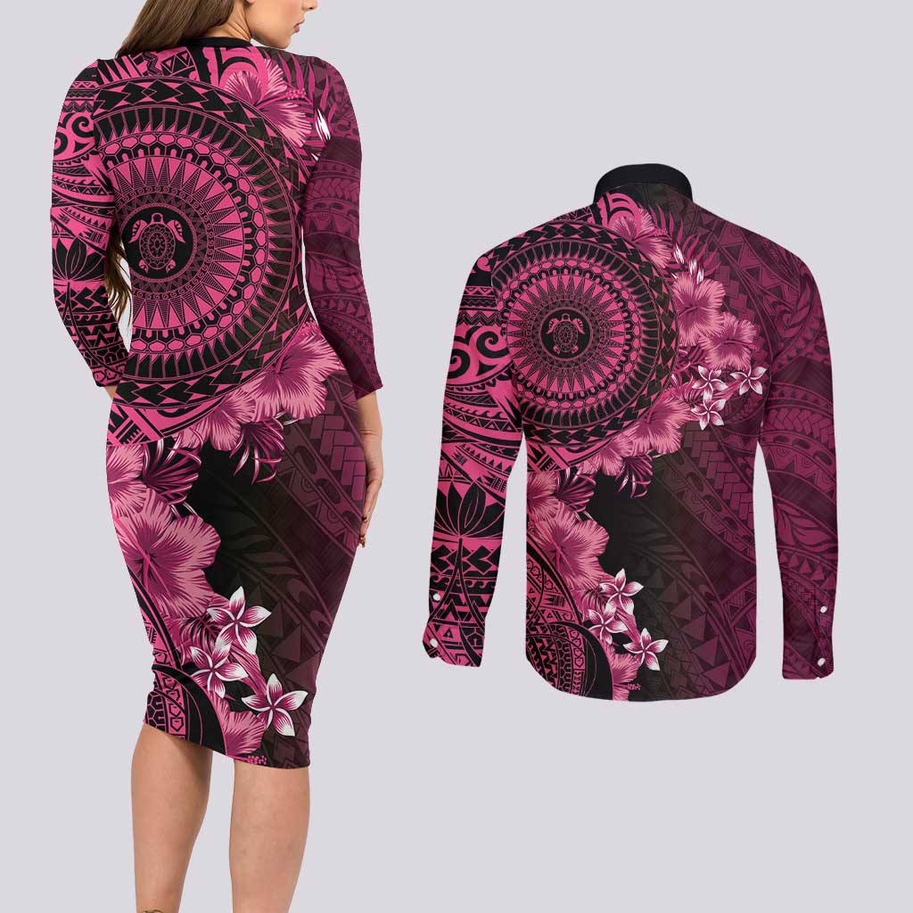 Vanuatu Couples Matching Long Sleeve Bodycon Dress and Long Sleeve Button Shirt Hibisus Polynesian Pattern Pink - Polynesian Pride