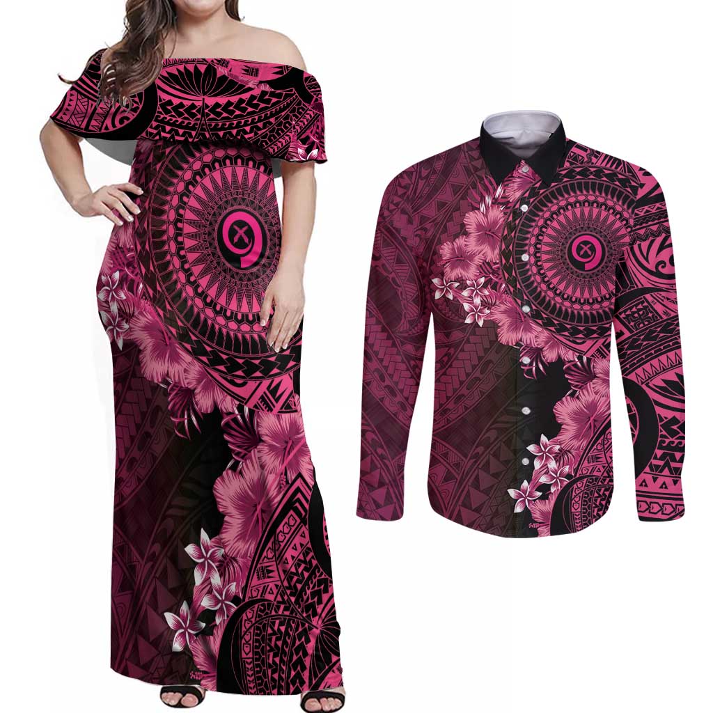 Vanuatu Couples Matching Off Shoulder Maxi Dress and Long Sleeve Button Shirt Hibisus Polynesian Pattern Pink - Polynesian Pride