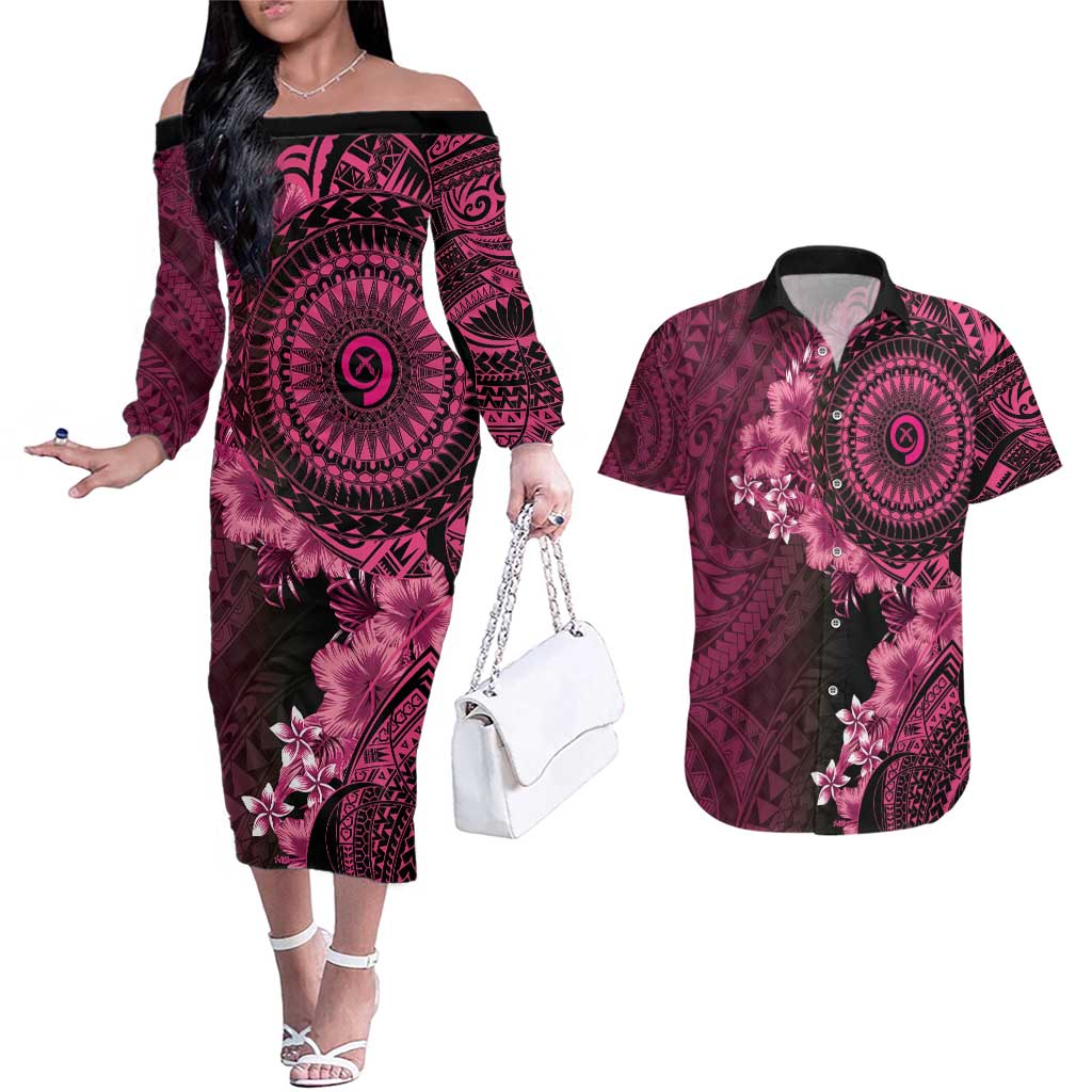 Vanuatu Couples Matching Off The Shoulder Long Sleeve Dress and Hawaiian Shirt Hibisus Polynesian Pattern Pink - Polynesian Pride