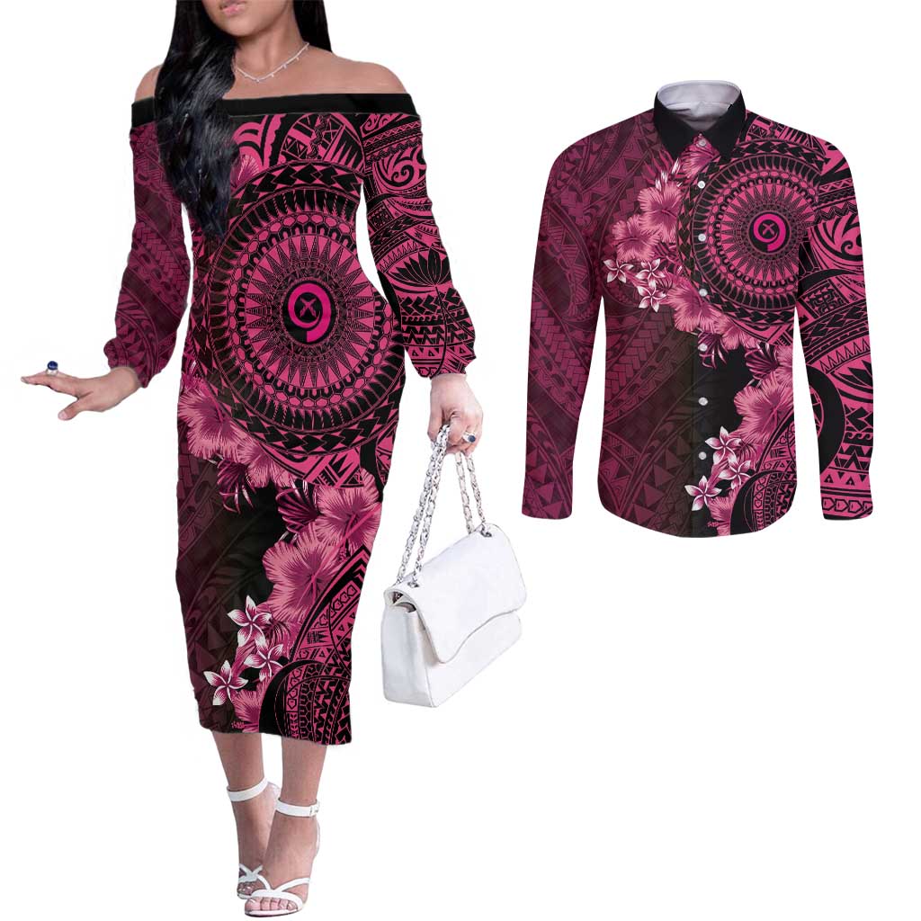 Vanuatu Couples Matching Off The Shoulder Long Sleeve Dress and Long Sleeve Button Shirt Hibisus Polynesian Pattern Pink - Polynesian Pride