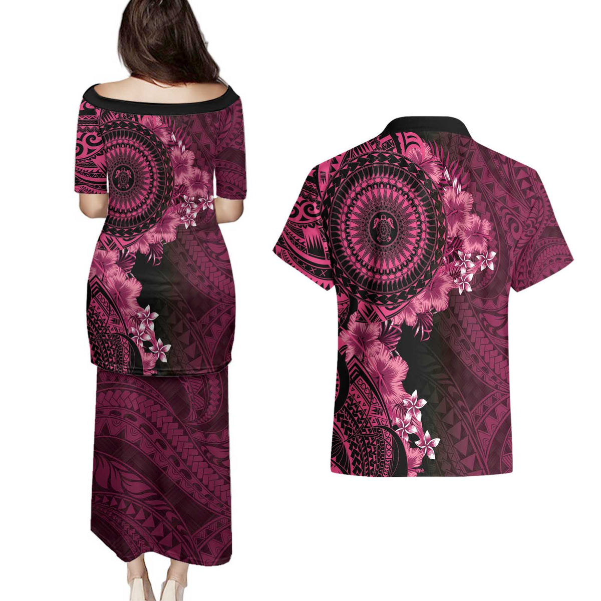 Vanuatu Couples Matching Puletasi and Hawaiian Shirt Hibisus Polynesian Pattern Pink - Polynesian Pride