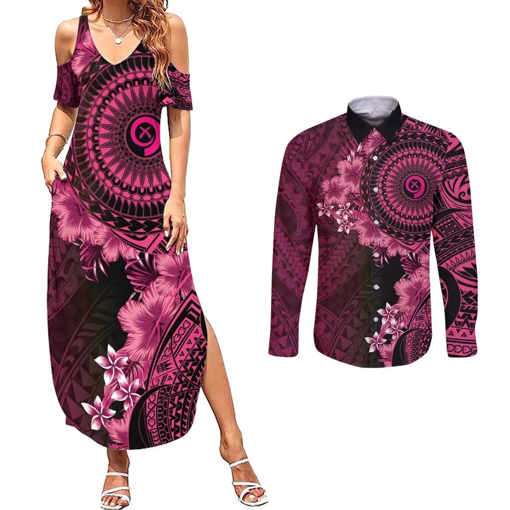 Vanuatu Couples Matching Summer Maxi Dress and Long Sleeve Button Shirt Hibisus Polynesian Pattern Pink - Polynesian Pride