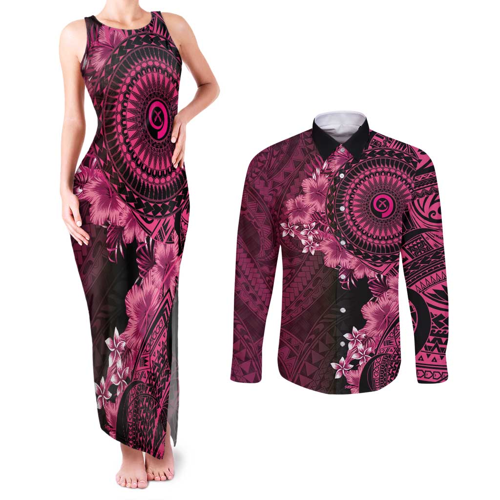 Vanuatu Couples Matching Tank Maxi Dress and Long Sleeve Button Shirt Hibisus Polynesian Pattern Pink - Polynesian Pride