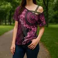 Vanuatu Cross Shoulder Shirt Hibisus Polynesian Pattern Pink - Polynesian Pride