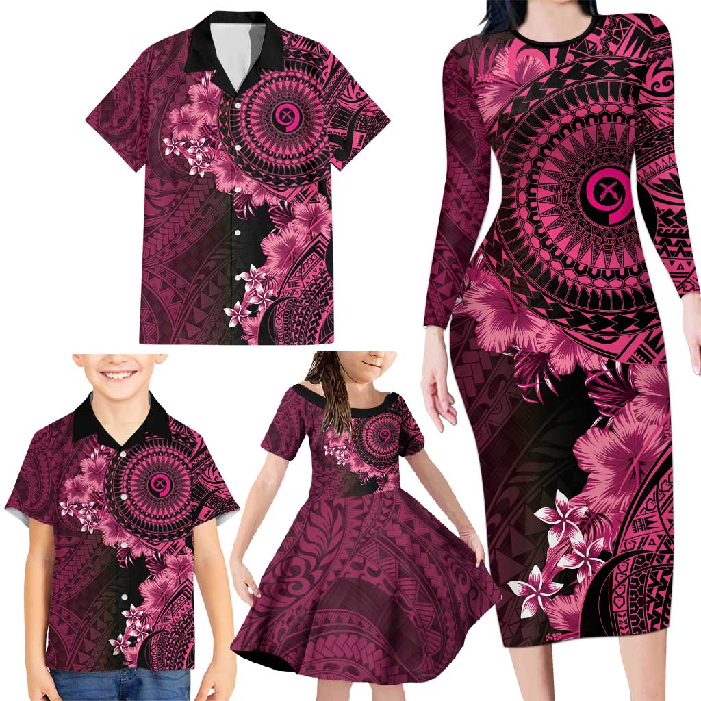 Vanuatu Family Matching Long Sleeve Bodycon Dress and Hawaiian Shirt Hibisus Polynesian Pattern Pink - Polynesian Pride