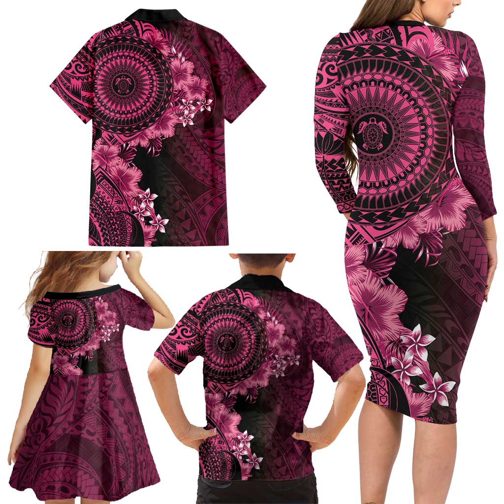 Vanuatu Family Matching Long Sleeve Bodycon Dress and Hawaiian Shirt Hibisus Polynesian Pattern Pink - Polynesian Pride