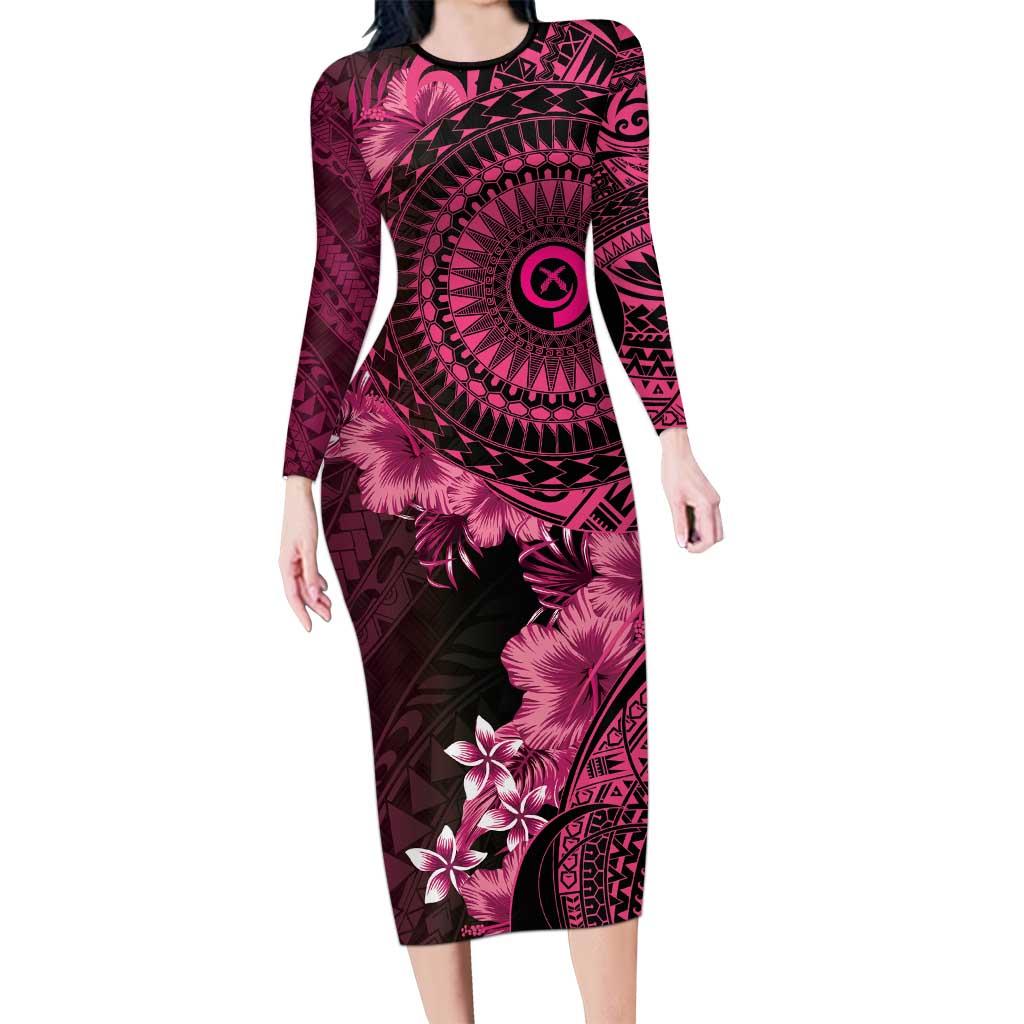 Vanuatu Long Sleeve Bodycon Dress Hibisus Polynesian Pattern Pink - Polynesian Pride