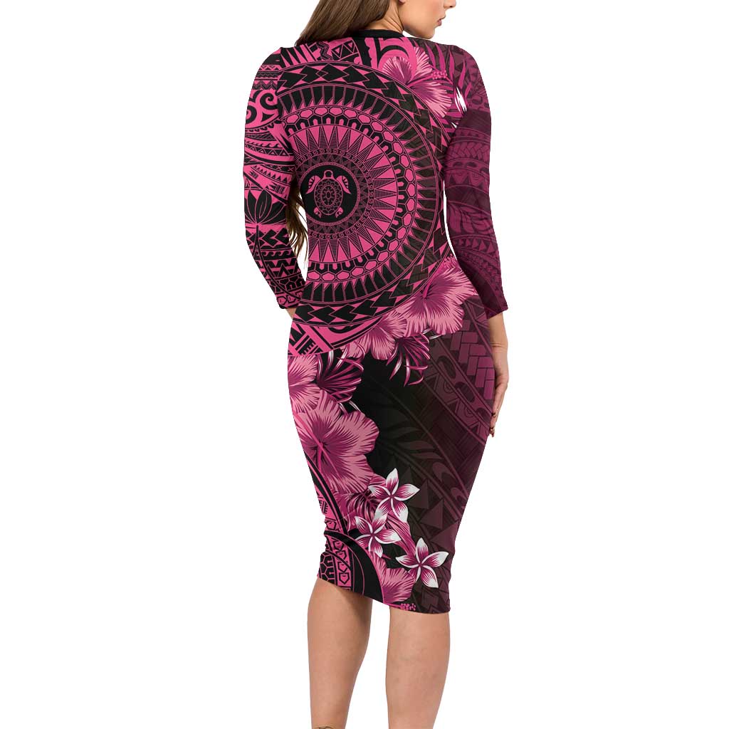 Vanuatu Long Sleeve Bodycon Dress Hibisus Polynesian Pattern Pink - Polynesian Pride