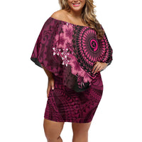 Vanuatu Off Shoulder Short Dress Hibisus Polynesian Pattern Pink - Polynesian Pride