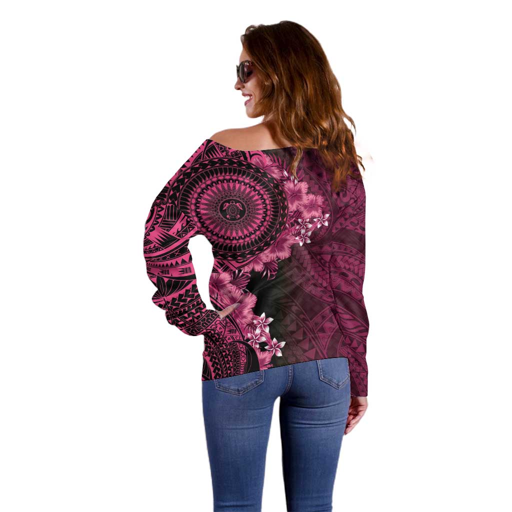 Vanuatu Off Shoulder Sweater Hibisus Polynesian Pattern Pink - Polynesian Pride
